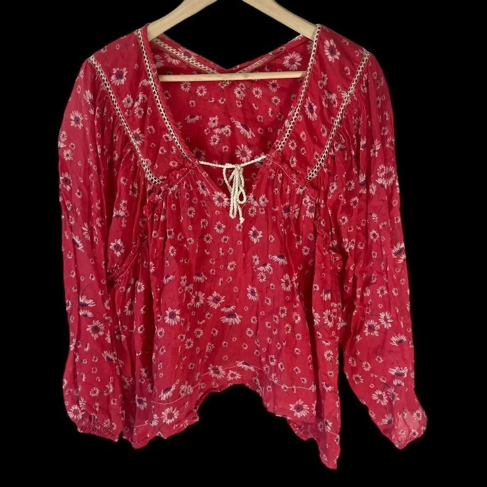 Free People Never‎ A Dull Moment Red Daisy Print Boho Top  SEE DESCRIPTION Sz S